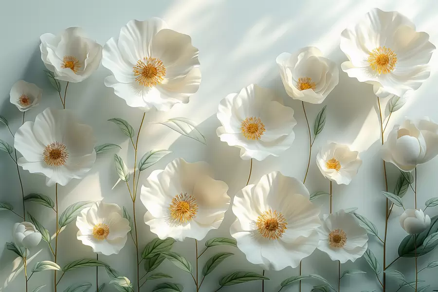 wall murals White poppies against a wall with sunlight and 3D effect w01339