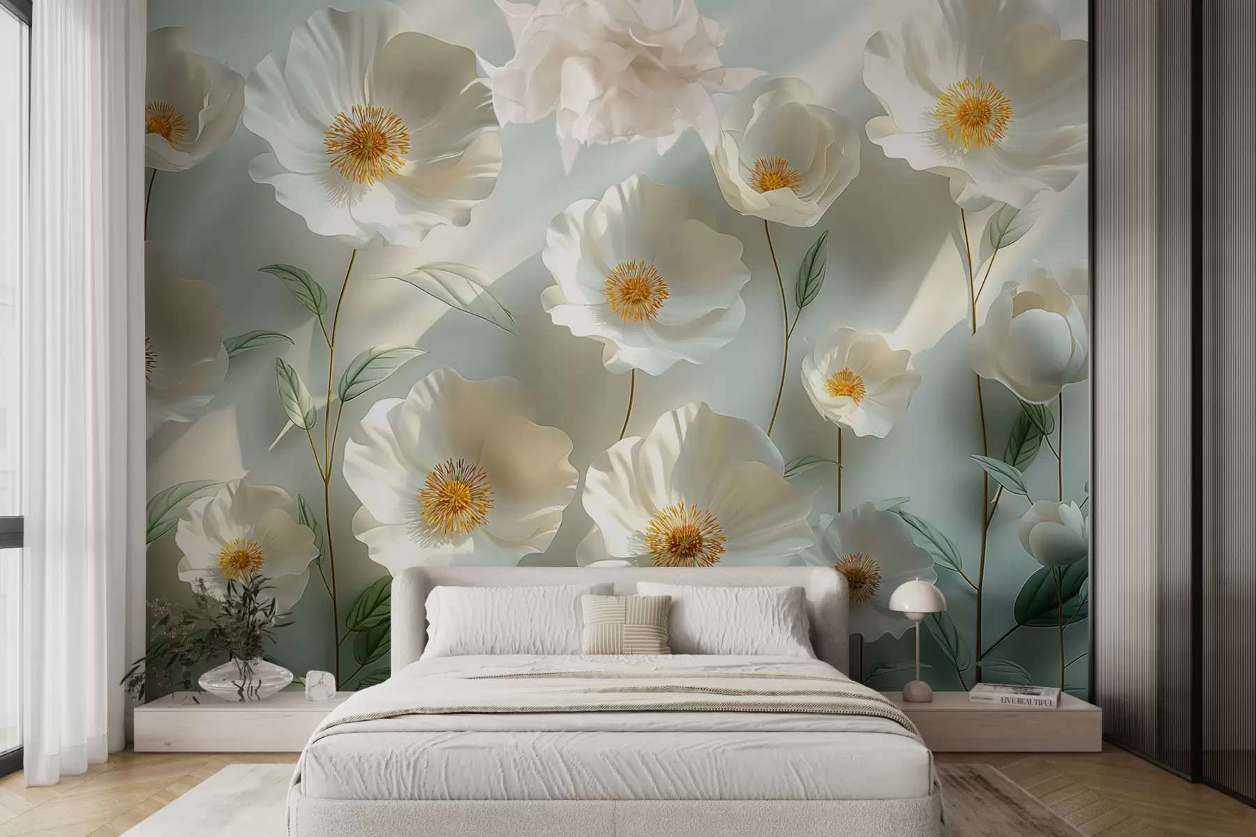 wall murals White poppies against a wall with sunlight and 3D effect w01339