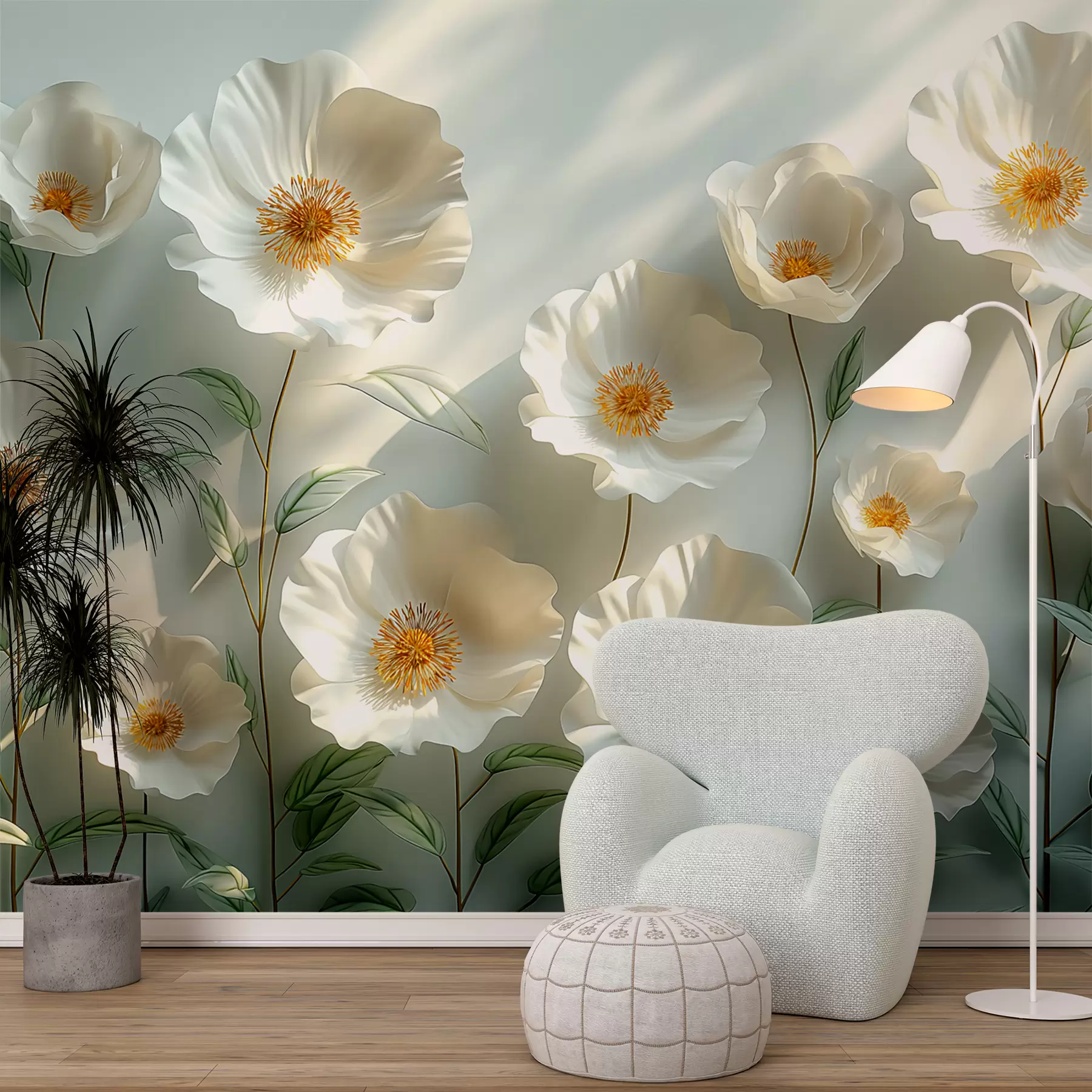 wall murals White poppies against a wall with sunlight and 3D effect w01339