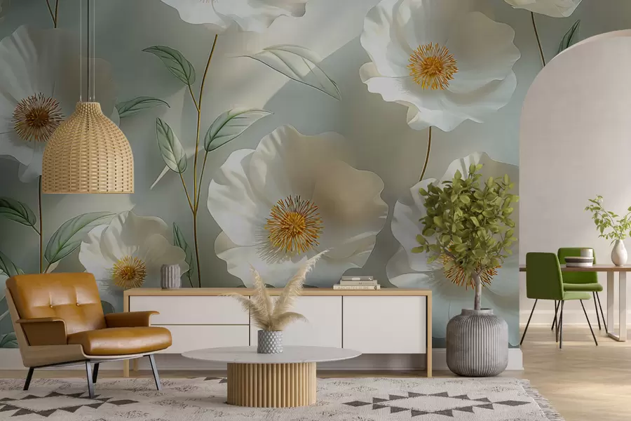 wall murals White poppies against a wall with sunlight and 3D effect w01339