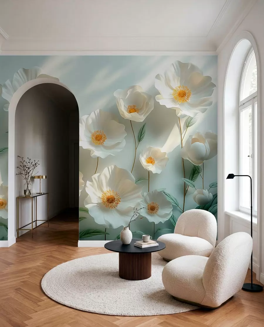 wall murals White poppies against a wall with sunlight and 3D effect w01339