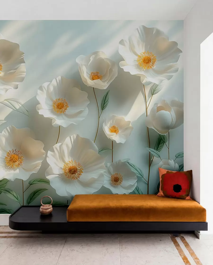 wall murals White poppies against a wall with sunlight and 3D effect w01339