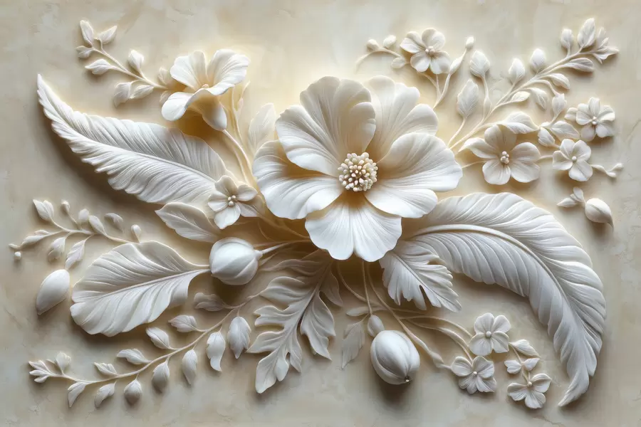 wall murals 3D relief wall art featuring feathers and flowers, with a large poppy in beige colors w01340