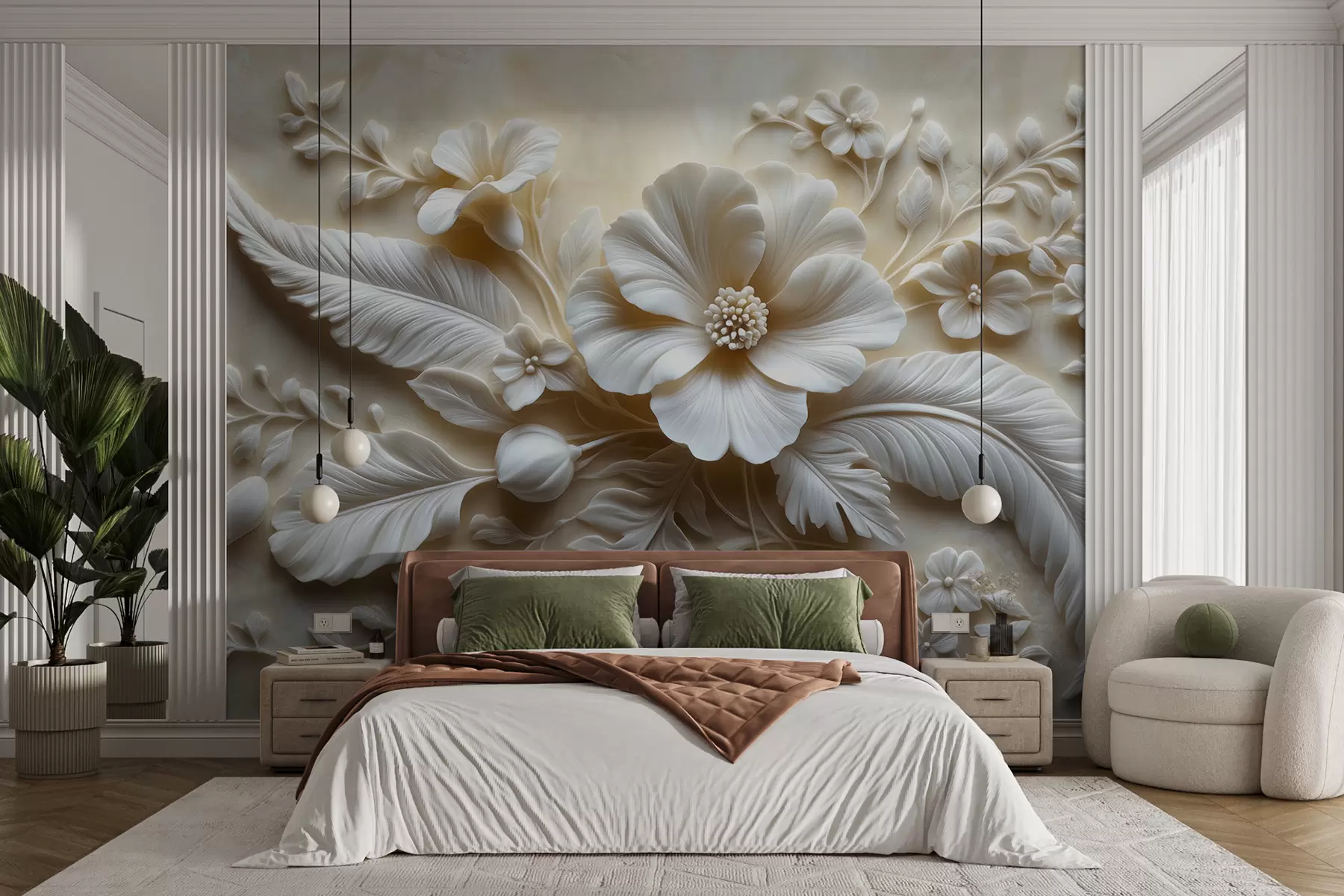 wall murals 3D relief wall art featuring feathers and flowers, with a large poppy in beige colors w01340