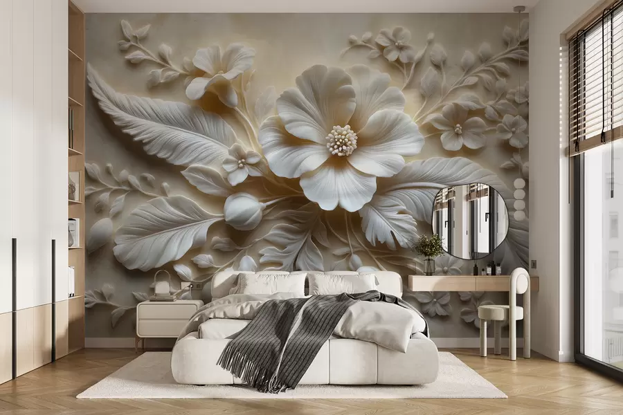 wall murals 3D relief wall art featuring feathers and flowers, with a large poppy in beige colors w01340