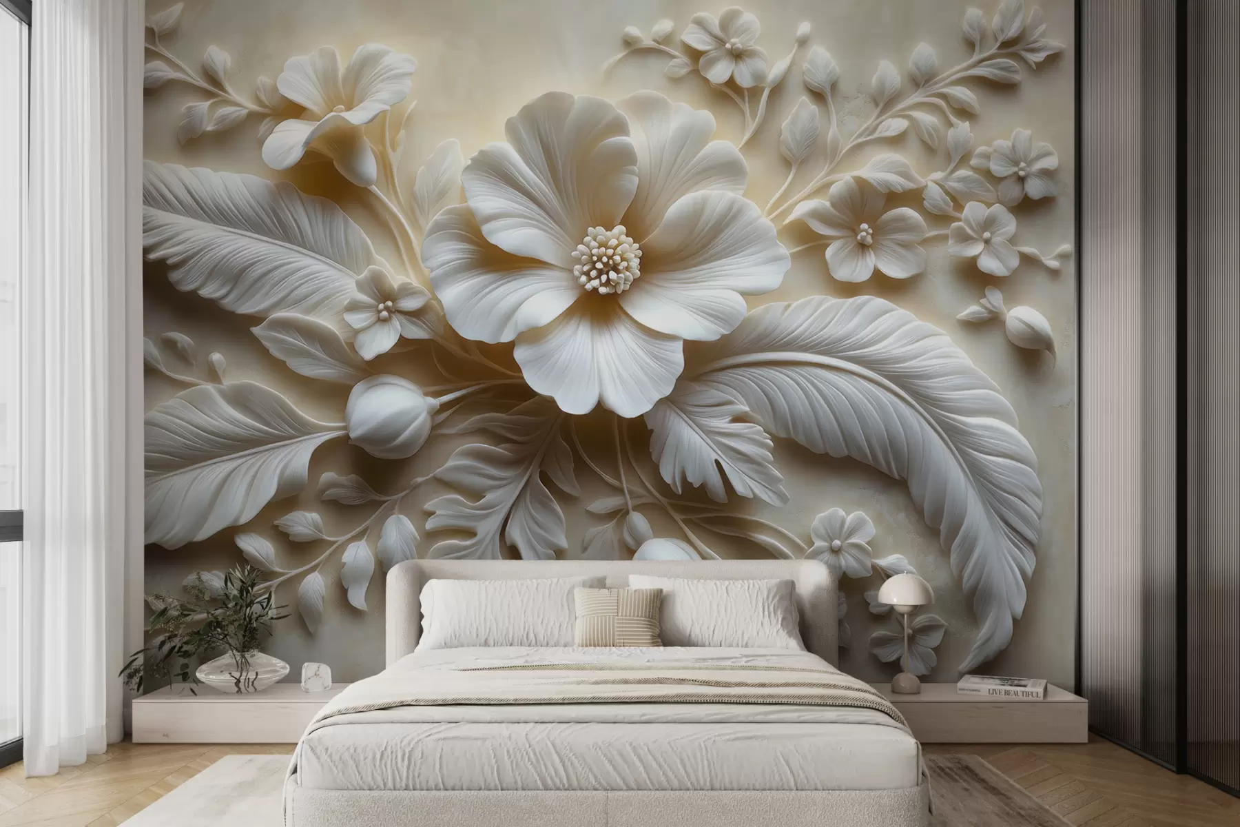 wall murals 3D relief wall art featuring feathers and flowers, with a large poppy in beige colors w01340