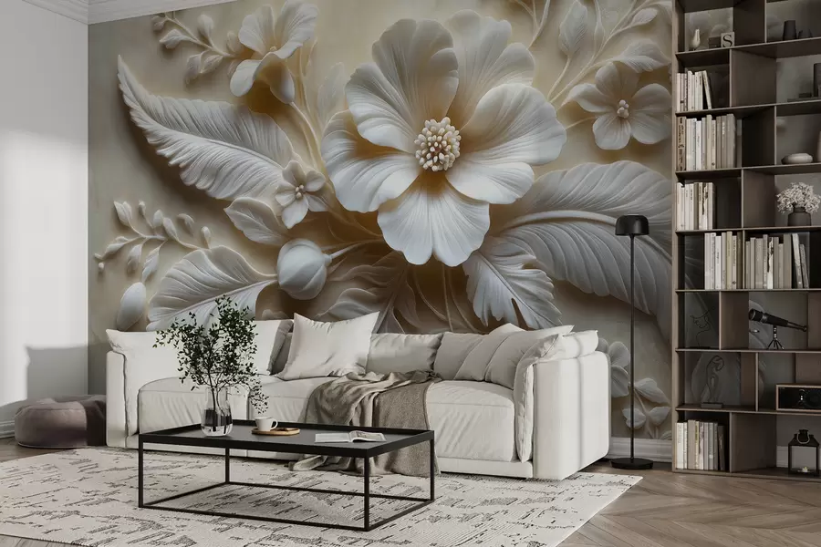 wall murals 3D relief wall art featuring feathers and flowers, with a large poppy in beige colors w01340