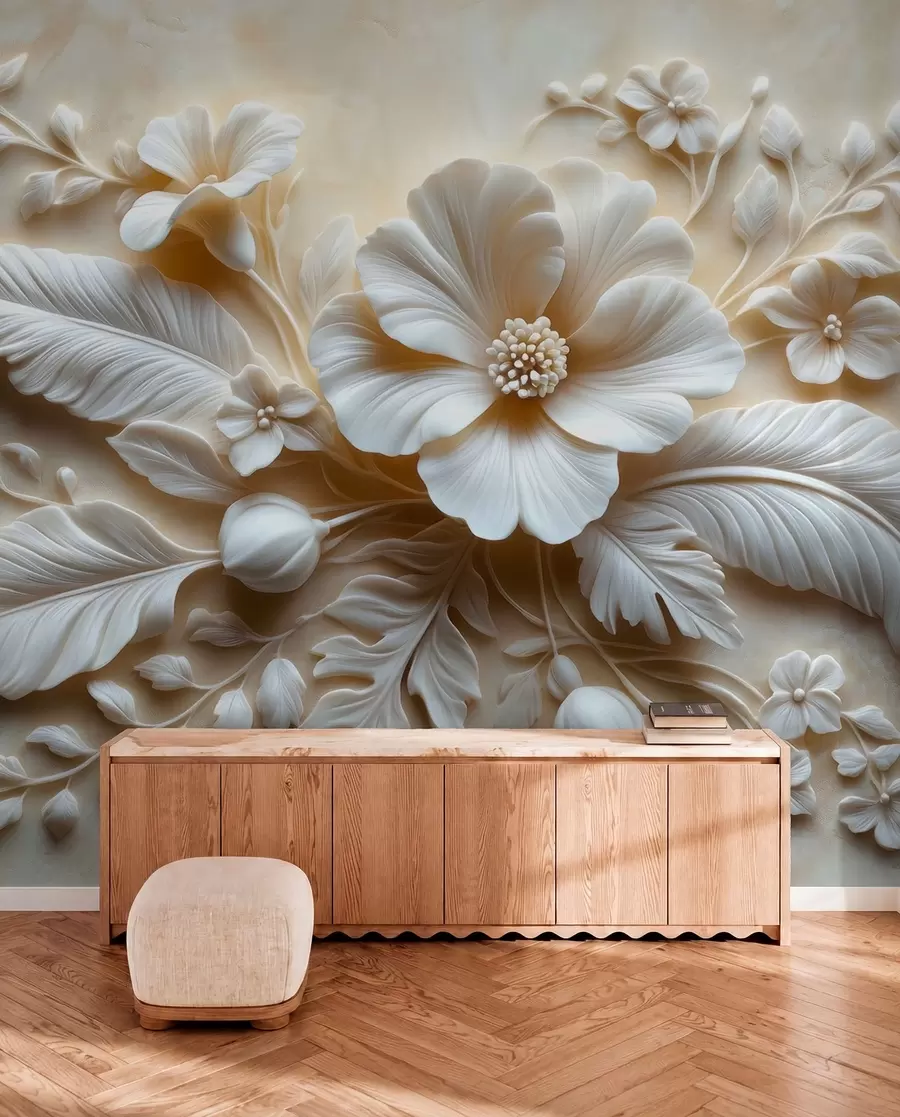wall murals 3D relief wall art featuring feathers and flowers, with a large poppy in beige colors w01340