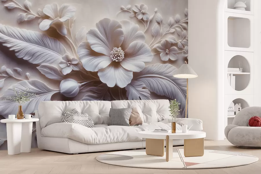 wall murals 3D relief wall art featuring feathers and flowers, with a large poppy in light pink colors w01340v1