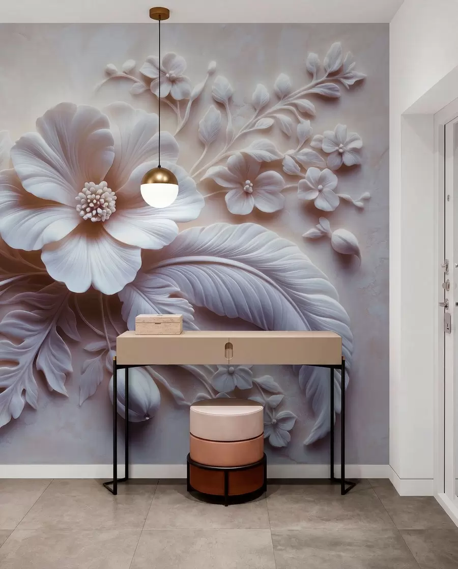 wall murals 3D relief wall art featuring feathers and flowers, with a large poppy in light pink colors w01340v1