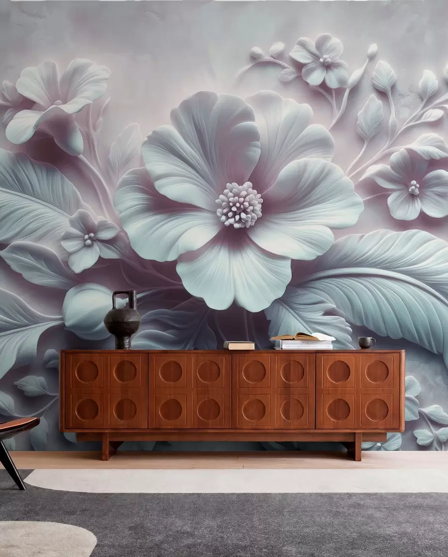 wall murals 3D relief wall art featuring feathers and flowers, with a large poppy in light blue colors w01340v2