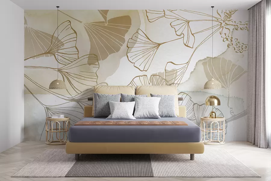 wall murals A pattern of delicate ginkgo leaves in shades of beige, tan, and blue against a light background w08157