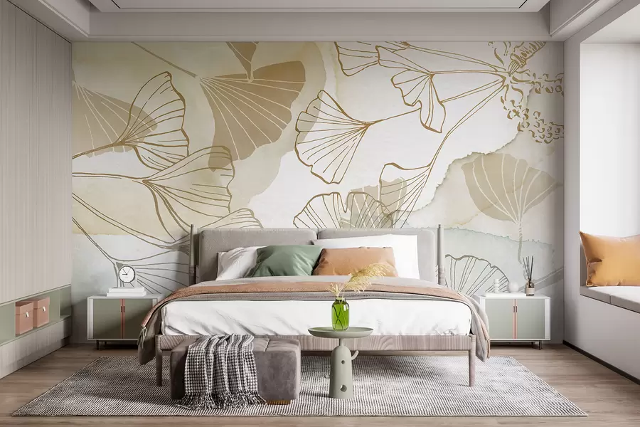 wall murals A pattern of delicate ginkgo leaves in shades of beige, tan, and blue against a light background w08157