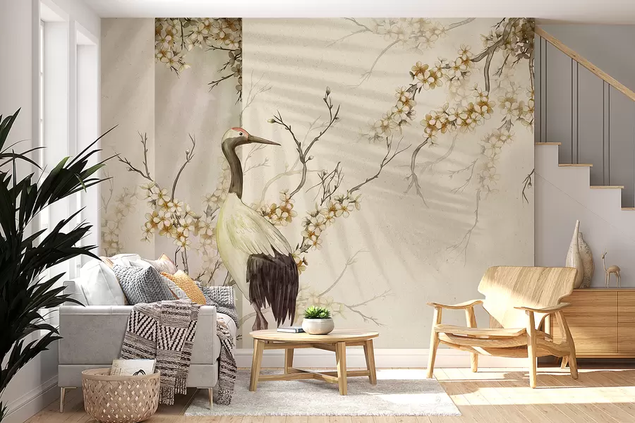 wall murals A white crane standing on a branch with blooming flowers, against a soft, blurred background w08159