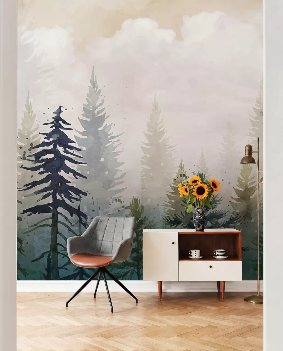 wall murals Forest of tall evergreen pine trees in a foggy environment and filled with soft, hazy clouds landscape w08160