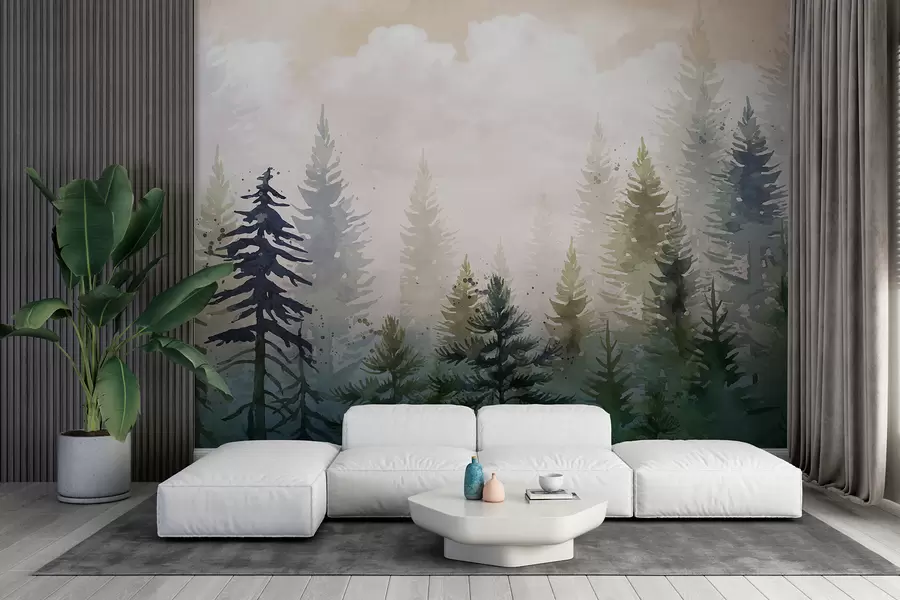 wall murals Forest of tall evergreen pine trees in a foggy environment and filled with soft, hazy clouds landscape w08160
