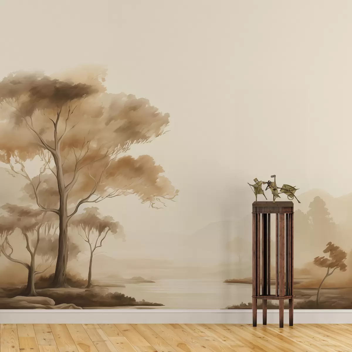 wall murals Vintage landscape tree by the river, mountains in the distance watercolor w00944
