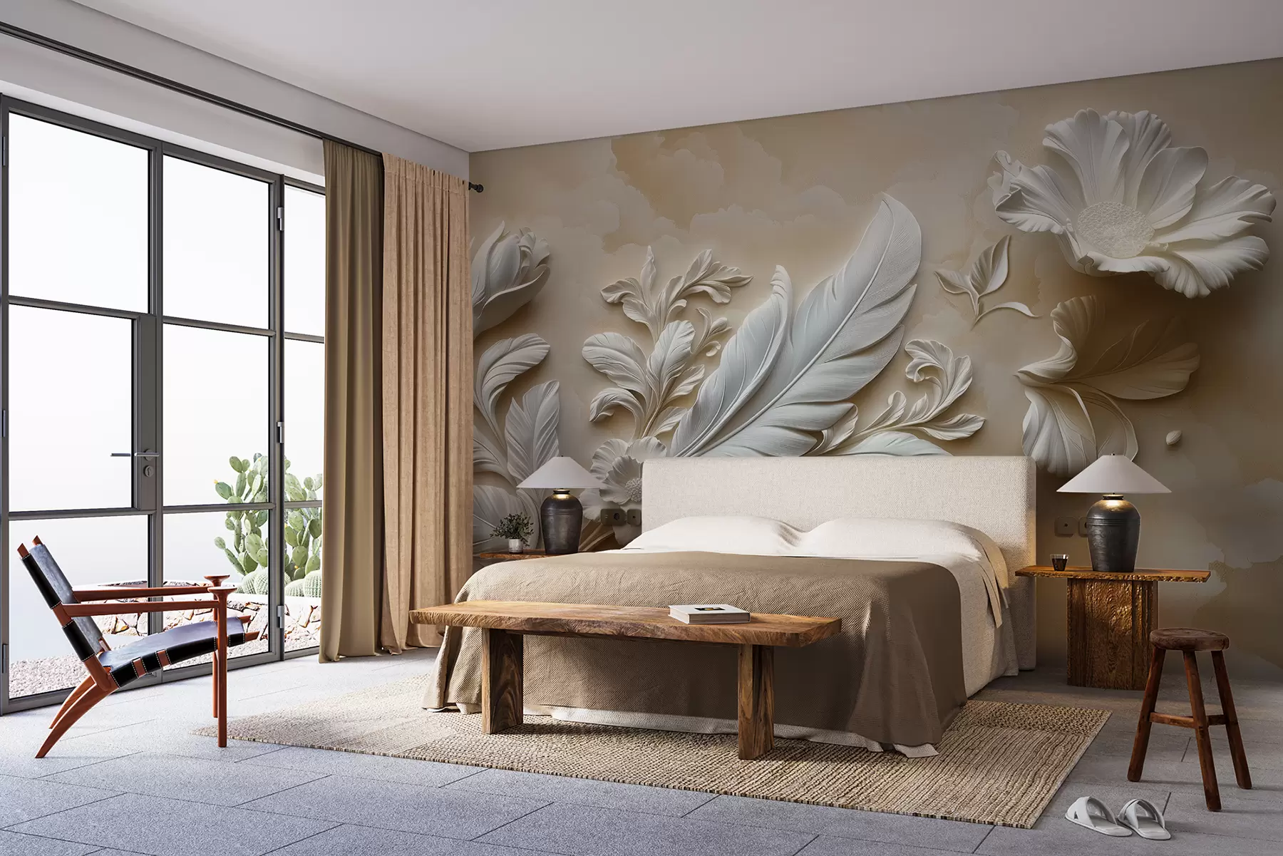 wall murals Graceful relief flowers with leaves and feathers in beige tones w01355