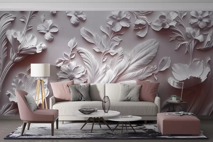 wall murals Exquisite raised flowers and leaves in pink tones w01356v1