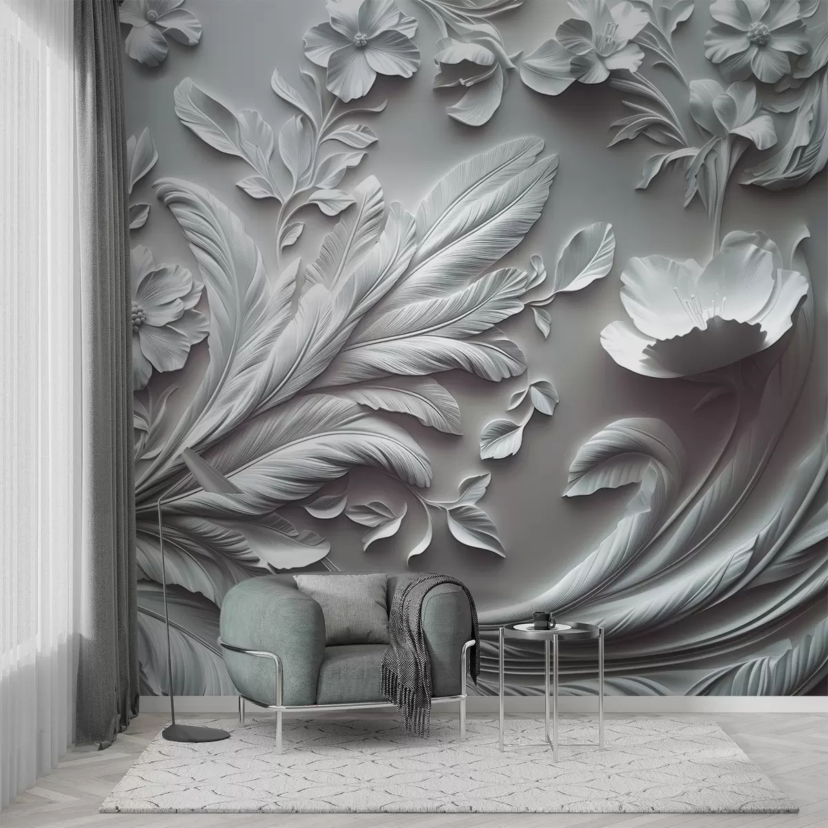 wall murals Exquisite raised flowers and leaves in gray tones w01356v2
