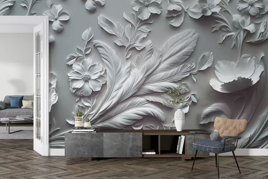 wall murals Exquisite raised flowers and leaves in gray tones w01356v2