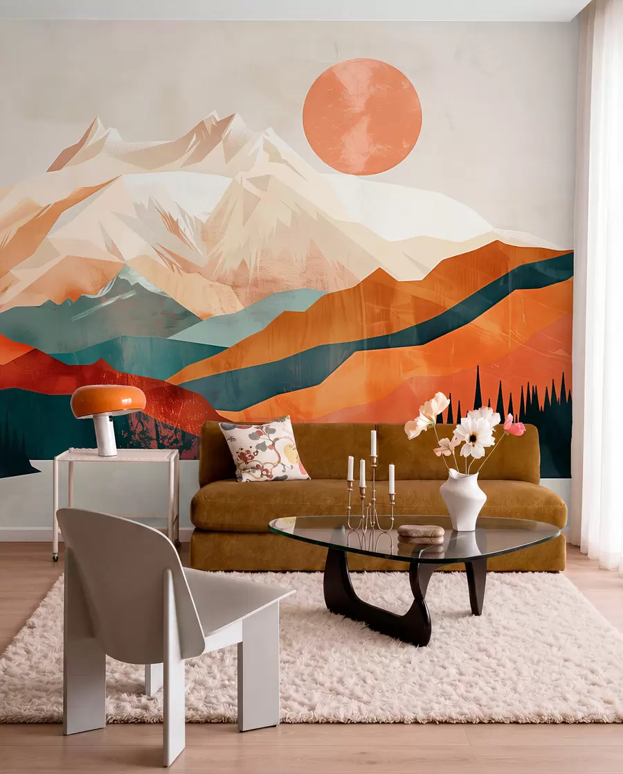 wall murals Boho bliss: a serene landscape of mountains, trees, and sun w01358