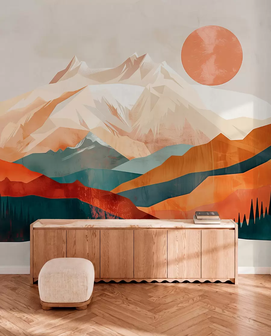 wall murals Boho bliss: a serene landscape of mountains, trees, and sun w01358