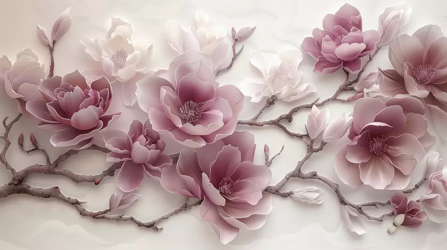 wall murals Pink embossed magnolia flowers on a graceful branch w01359v2