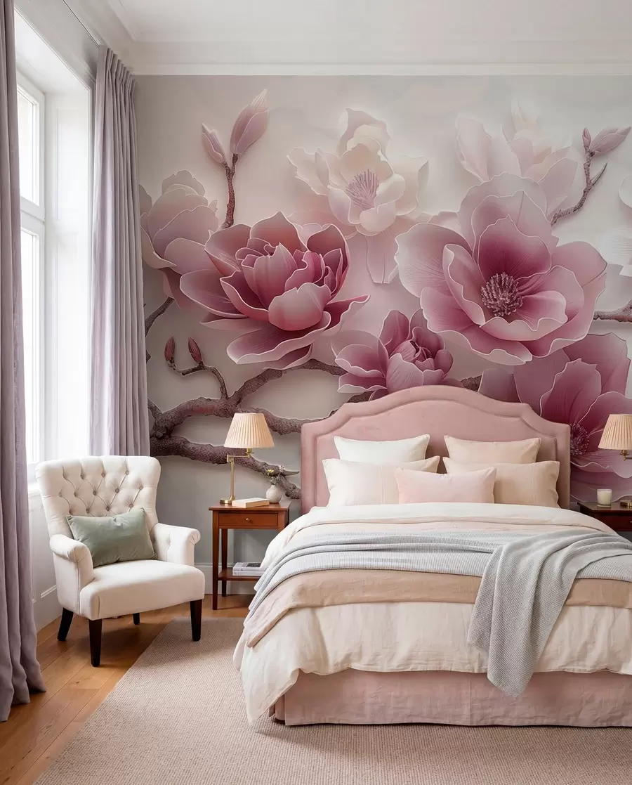 wall murals Pink embossed magnolia flowers on a graceful branch w01359v2