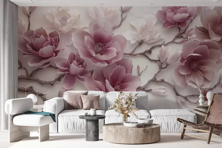 wall murals Pink embossed magnolia flowers on a graceful branch w01359v2
