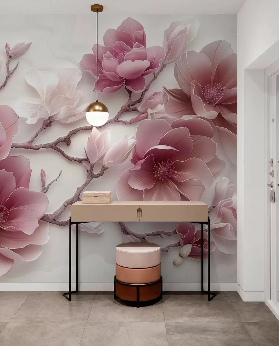 wall murals Pink embossed magnolia flowers on a graceful branch w01359v2