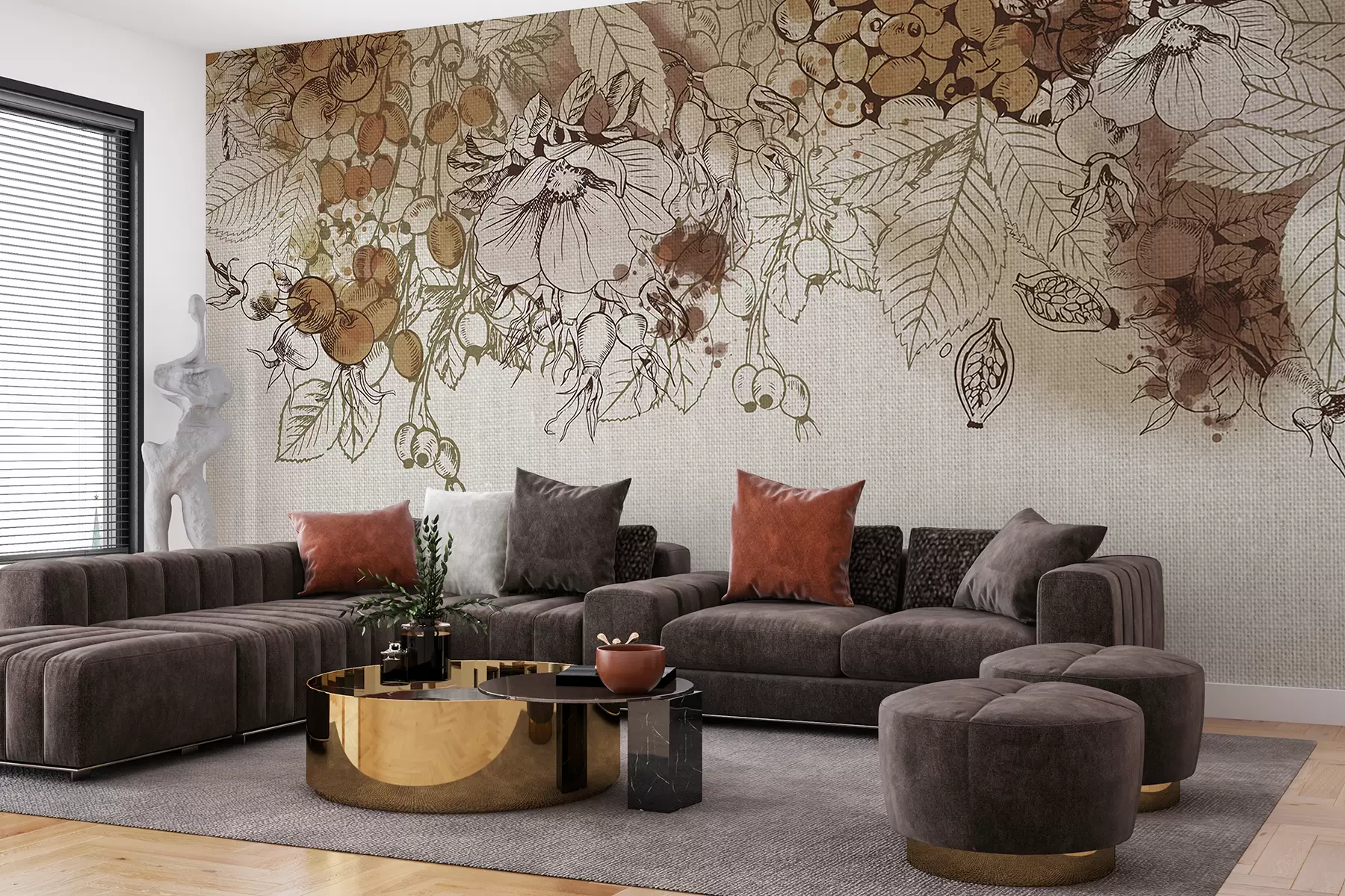 wall murals Autumn leaves and other natural elements arranged in a decorative print against a textured background w08190