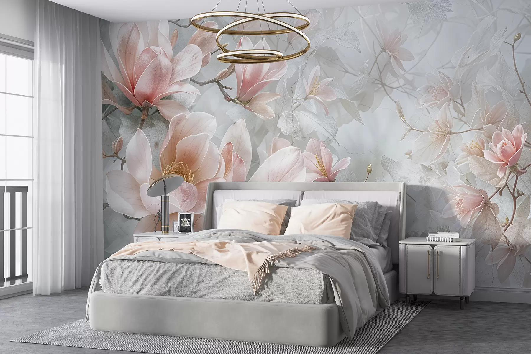 wall murals Delicate pink magnolia flowers blooming on a soft, blurred floral gray background w08192
