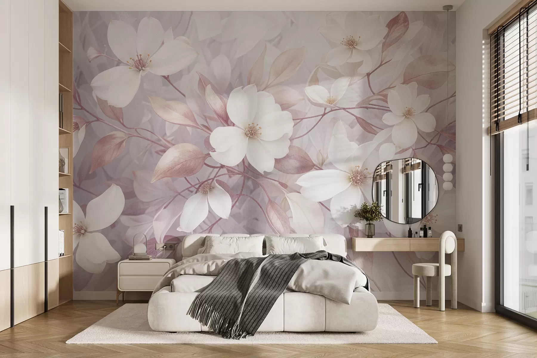 wall murals Delicate pink and white magnolia flowers blooming on soft, blurred branches against a pale background w08196