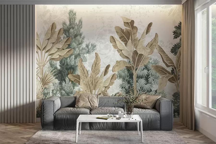 wall murals A lush, tropical foliage print with green and brown leaves, palms, and other exotic plants w08200