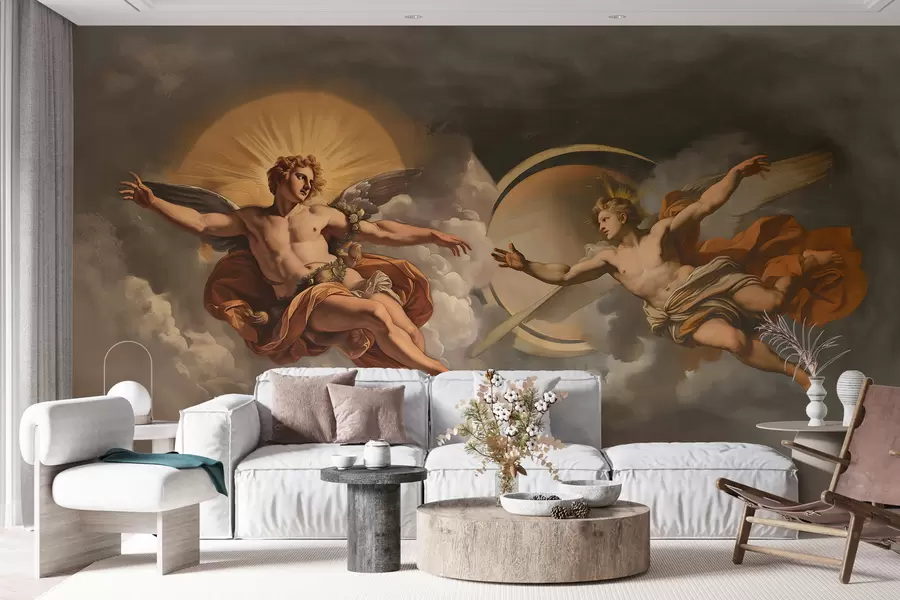 wall murals wall mural in the style of renaissance frescoes in beige and dark shades. Two male figures of gods reaching out to each other w08137