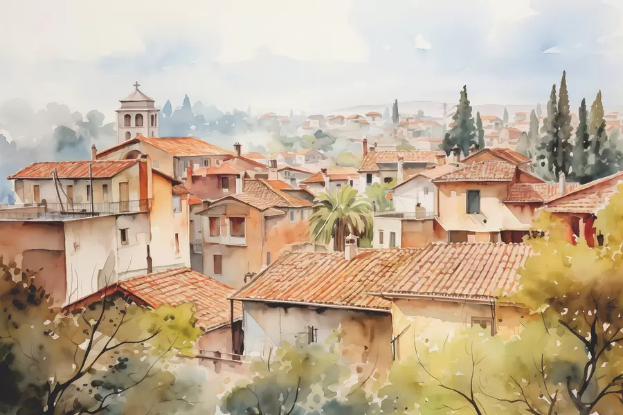 wall murals Roofs of houses in the village against the sky watercolor w01440