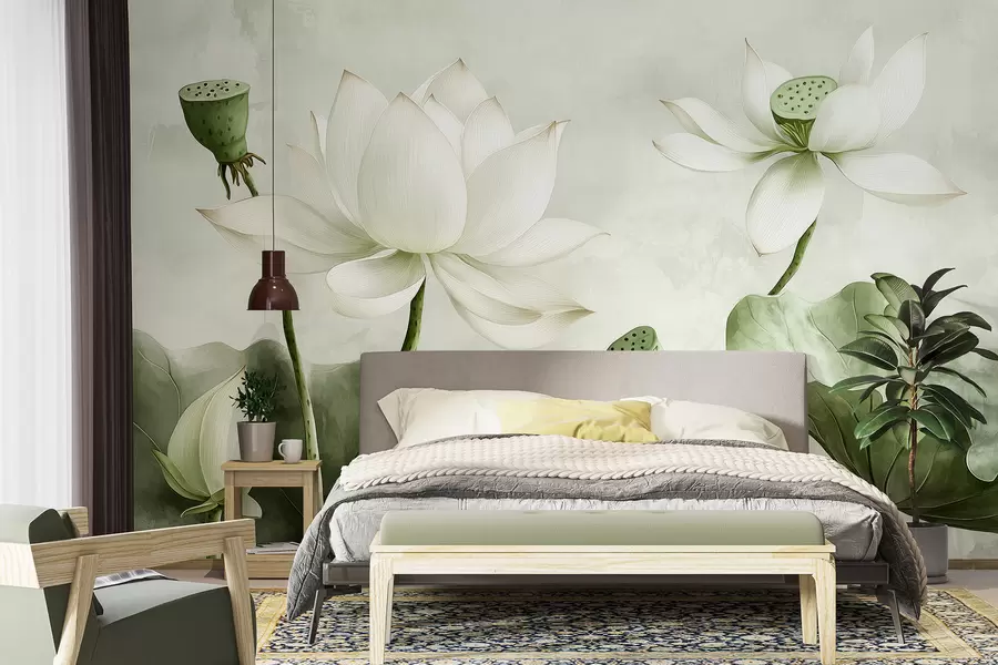 wall murals Lotus flowers, watercolor, nature, floral composition, big leaves, soft green colors w01445v2