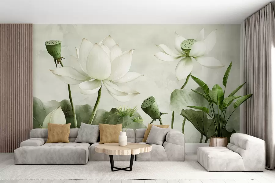 wall murals Lotus flowers, watercolor, nature, floral composition, big leaves, soft green colors w01445v2