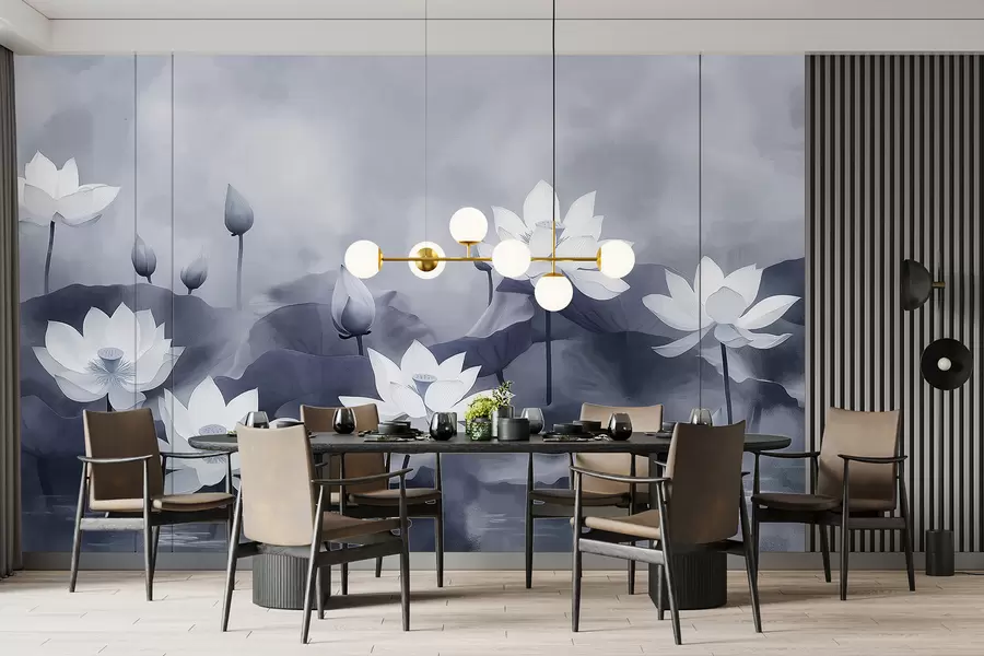 wall murals Lotuses in the lake, nature, mist, acrylic drawing, big leaves, jungle, soft grey colors w01450v1