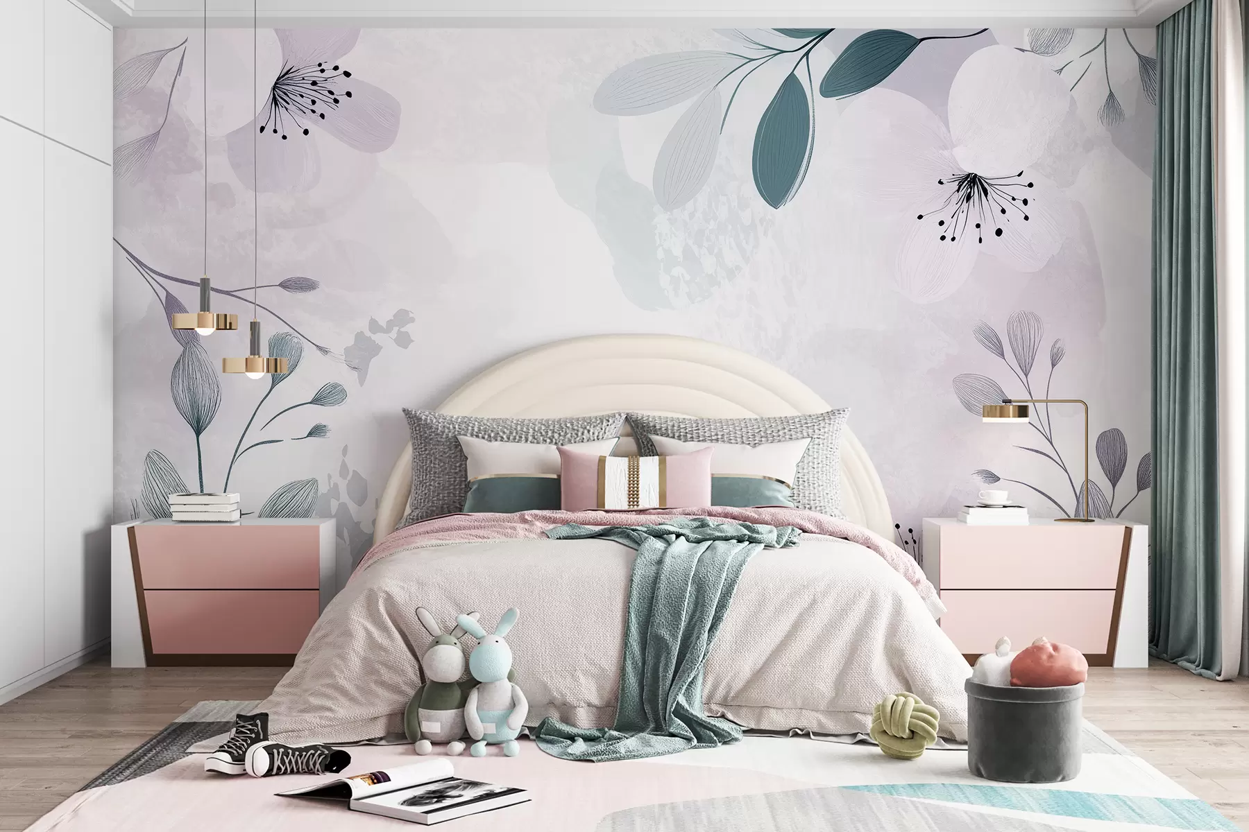 wall murals Abstract floral drawing, nature, big flowers, soft pastel, purple color palette  w01451
