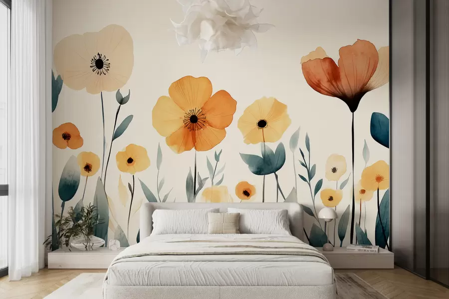 wall murals Watercolor meadow flowers, rustic, floral composition, simple drawing, beige, orange, blue  w01453