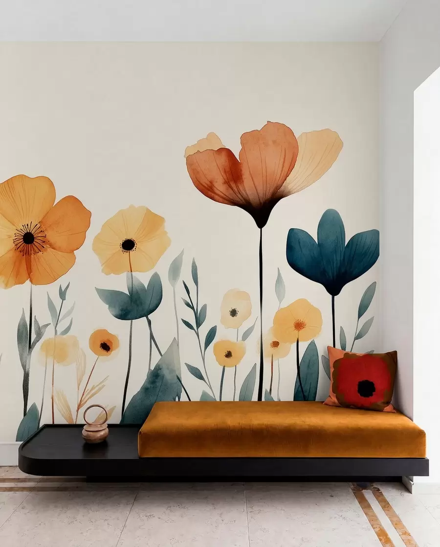 wall murals Watercolor meadow flowers, rustic, floral composition, simple drawing, beige, orange, blue  w01453
