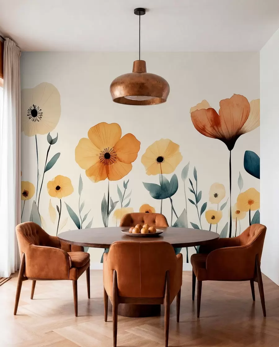 wall murals Watercolor meadow flowers, rustic, floral composition, simple drawing, beige, orange, blue  w01453