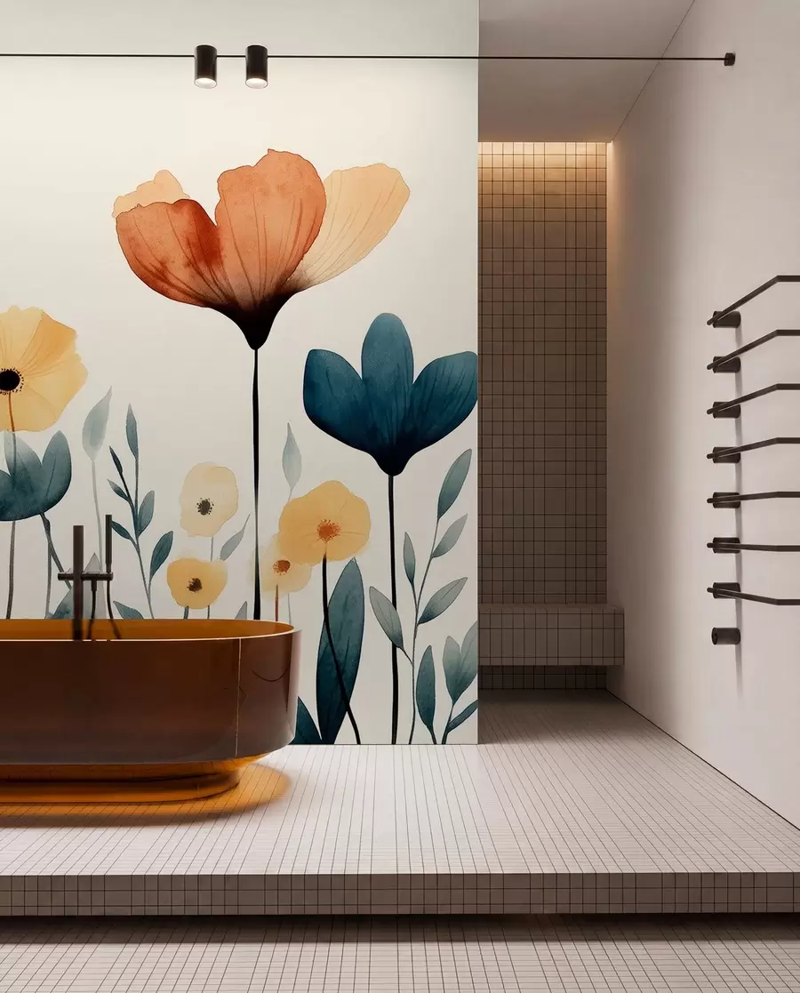 wall murals Watercolor meadow flowers, rustic, floral composition, simple drawing, beige, orange, blue  w01453