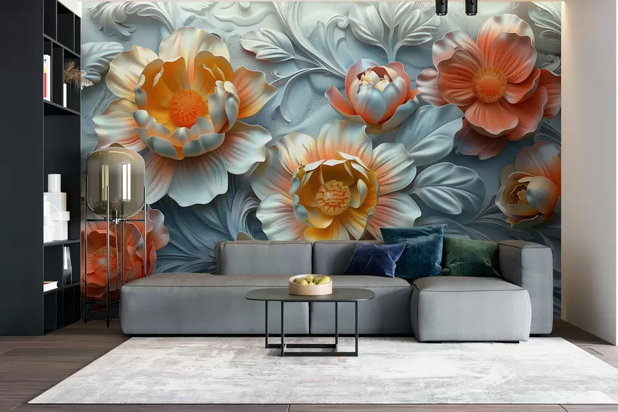 wall murals 3D illustration of abstract bright flowers in baroque style on a plant background w01427