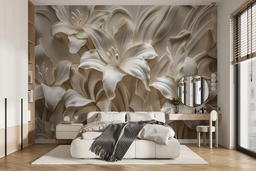 wall murals Elegant beige 3d relief of carved lilies w01433