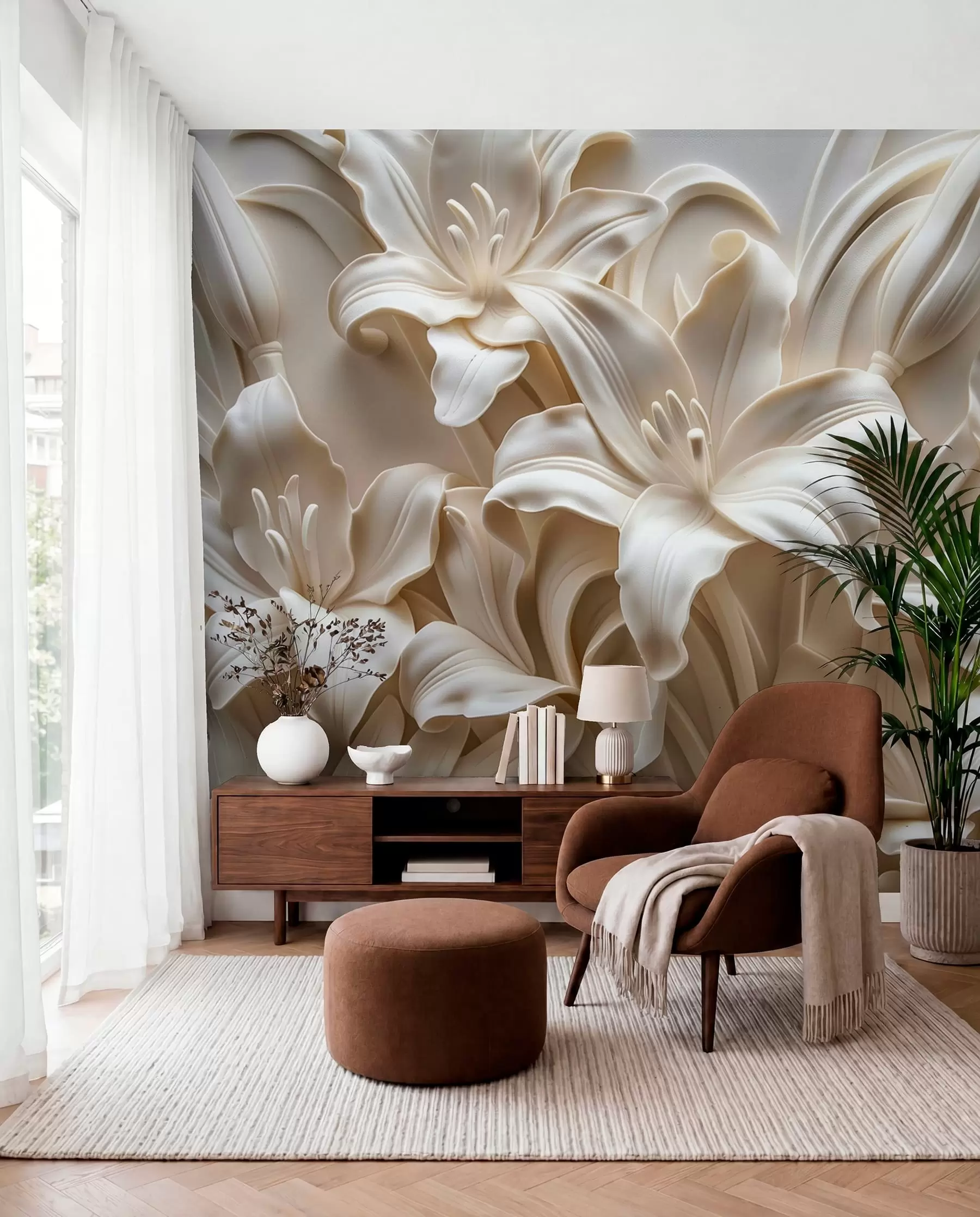 wall murals Lilies in Ivory Relief w01433