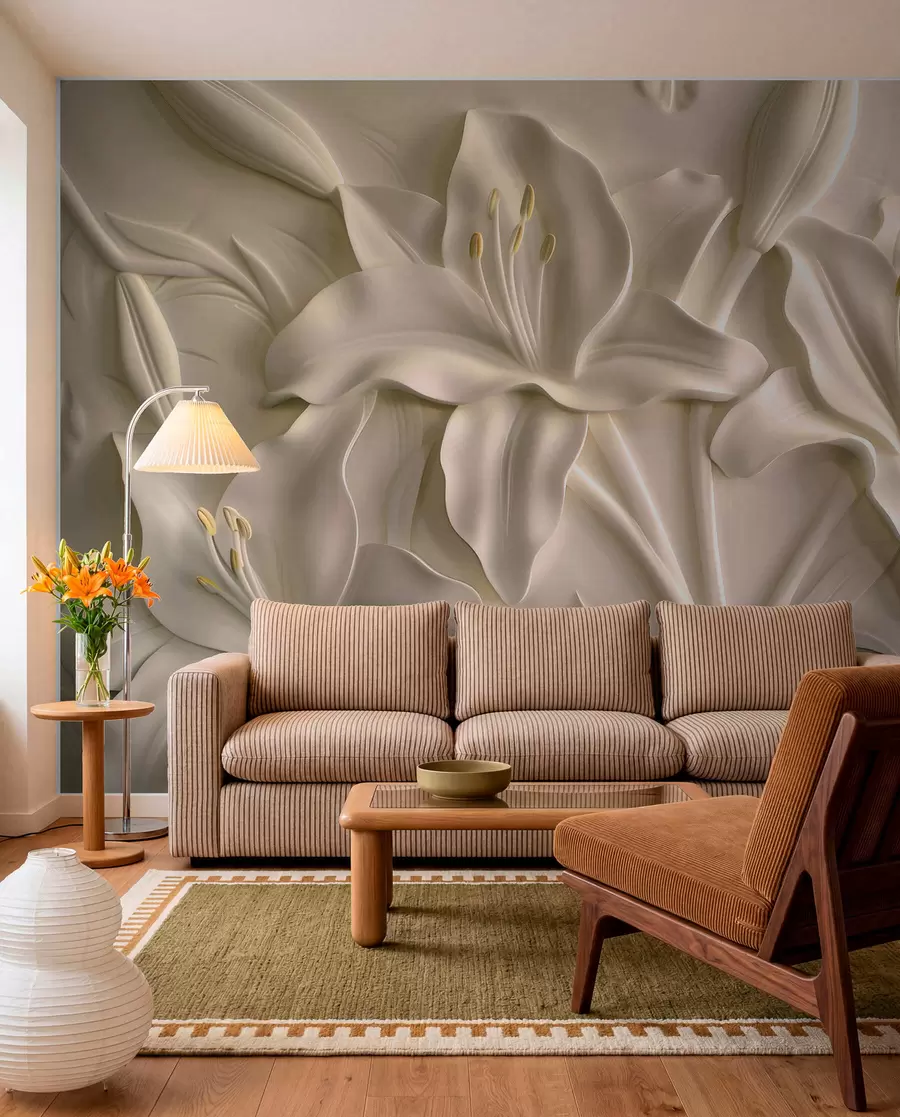 wall murals Bas-relief of large beige lilies w01434