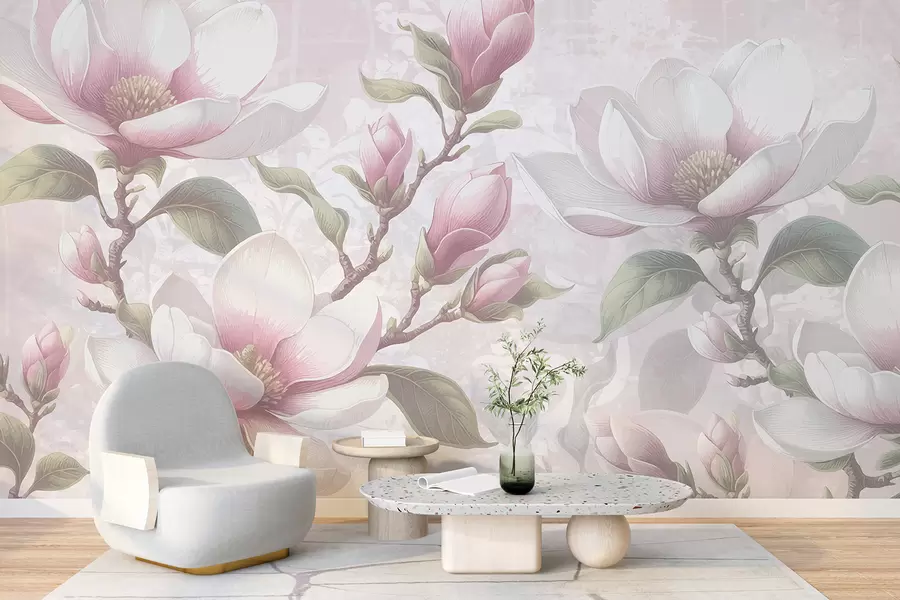 wall murals Delicate pink magnolia flowers in full bloom against a soft, blurred background w08216